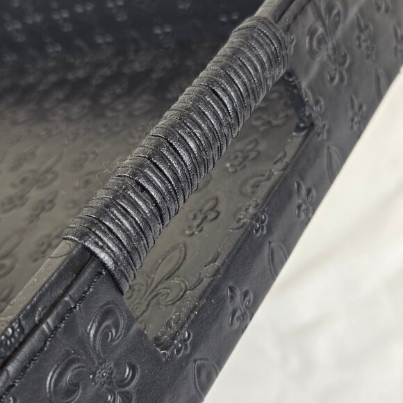Black Leather Tray with Embossed Fleur de Lis Pattern Open Wrapped Handles - Picture 3 of 12